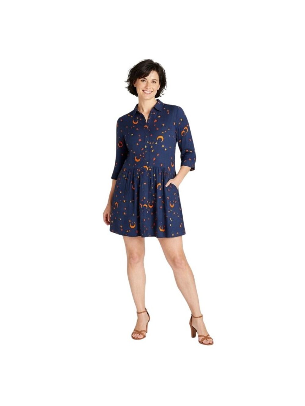 2/$30 Sugarhill Brighton Navy Size 6 Dress With Moon & Star Print 3/4 Sleeves Si
